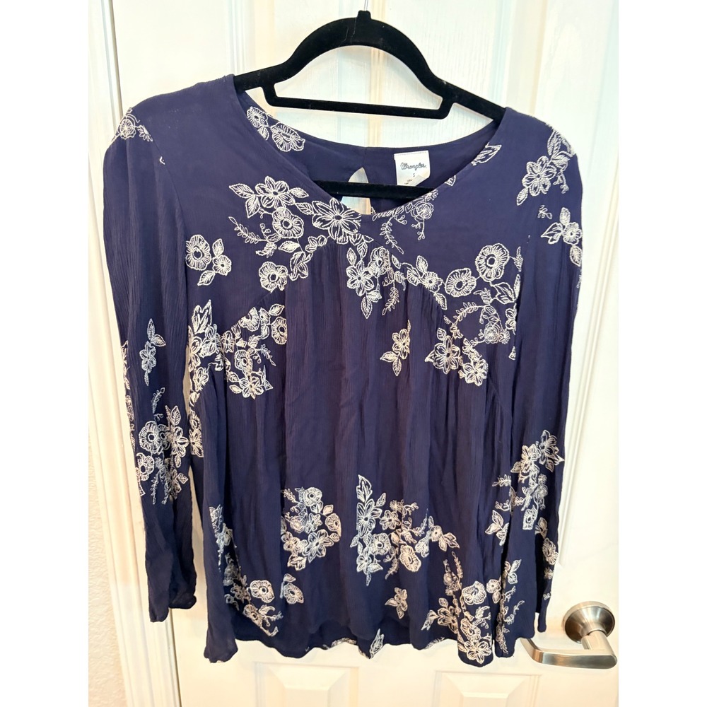 Wrangler Blouse Navy Blue Floral Embroidered Rayon Boho Peplum Top LWK760B